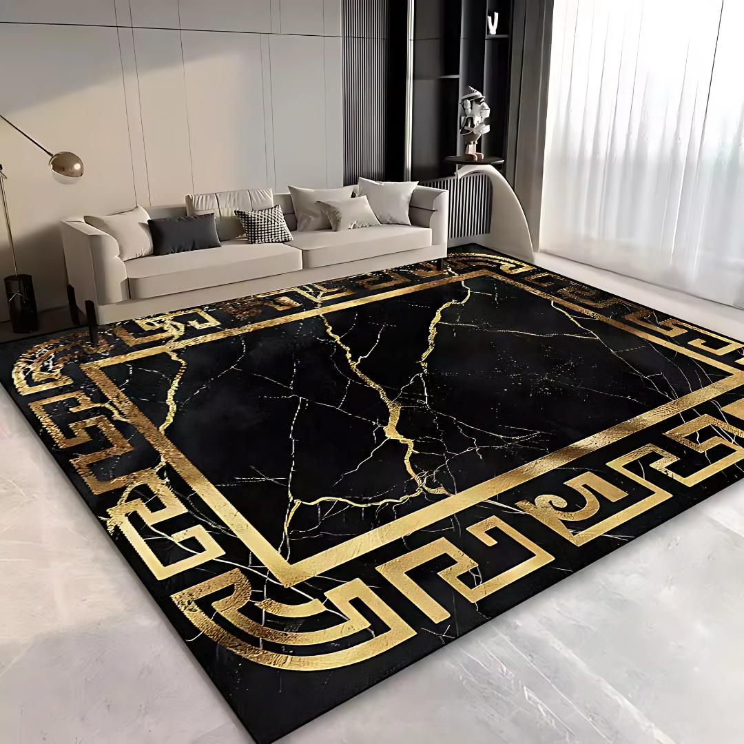 Golden Luxe™ – Elegant marmorliknande matta med guldram – Tidlös och lyxig mattdesign